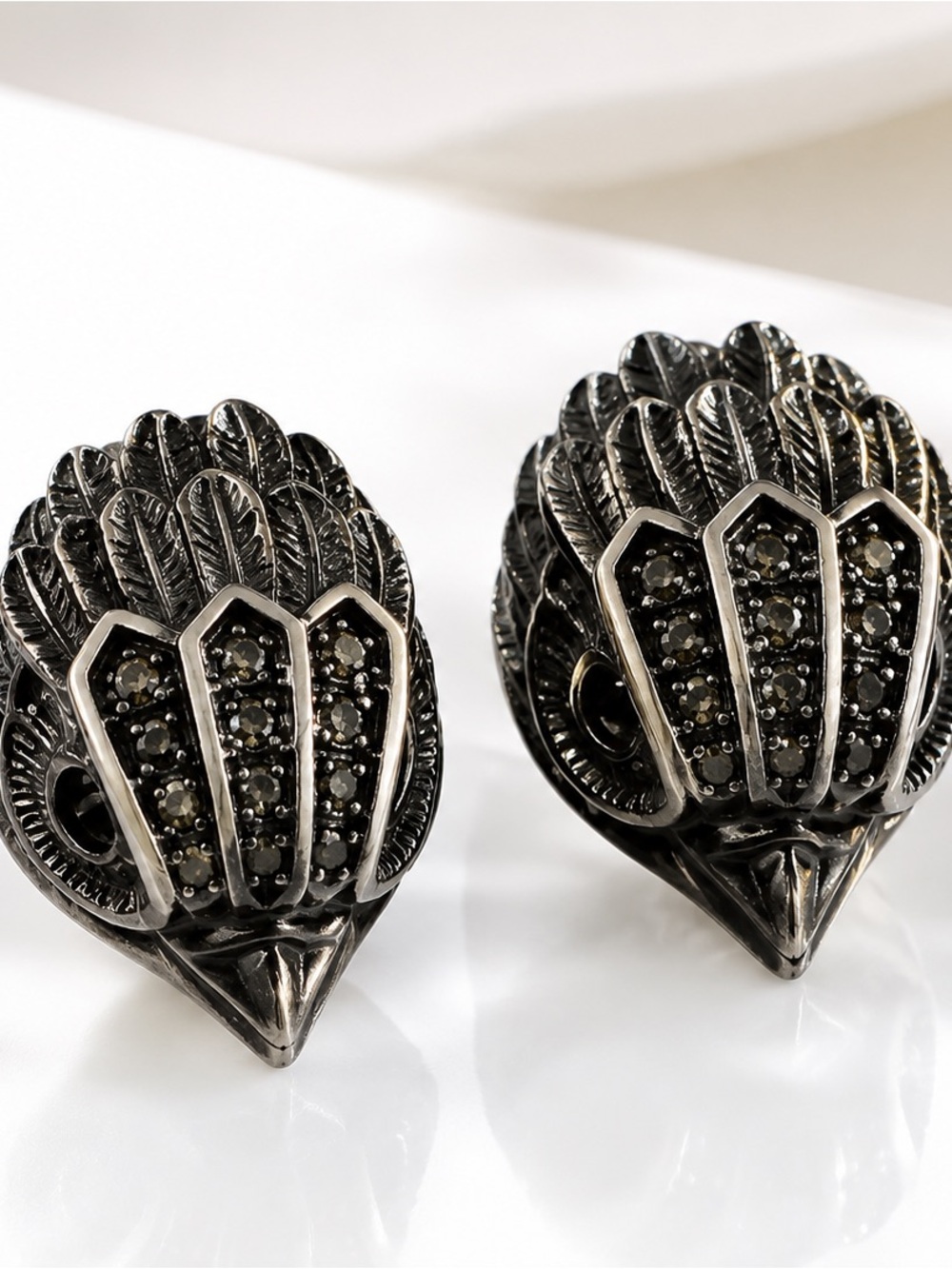 Kurt Geiger Black Feather Motif Earrings with Dark Crystal Accents